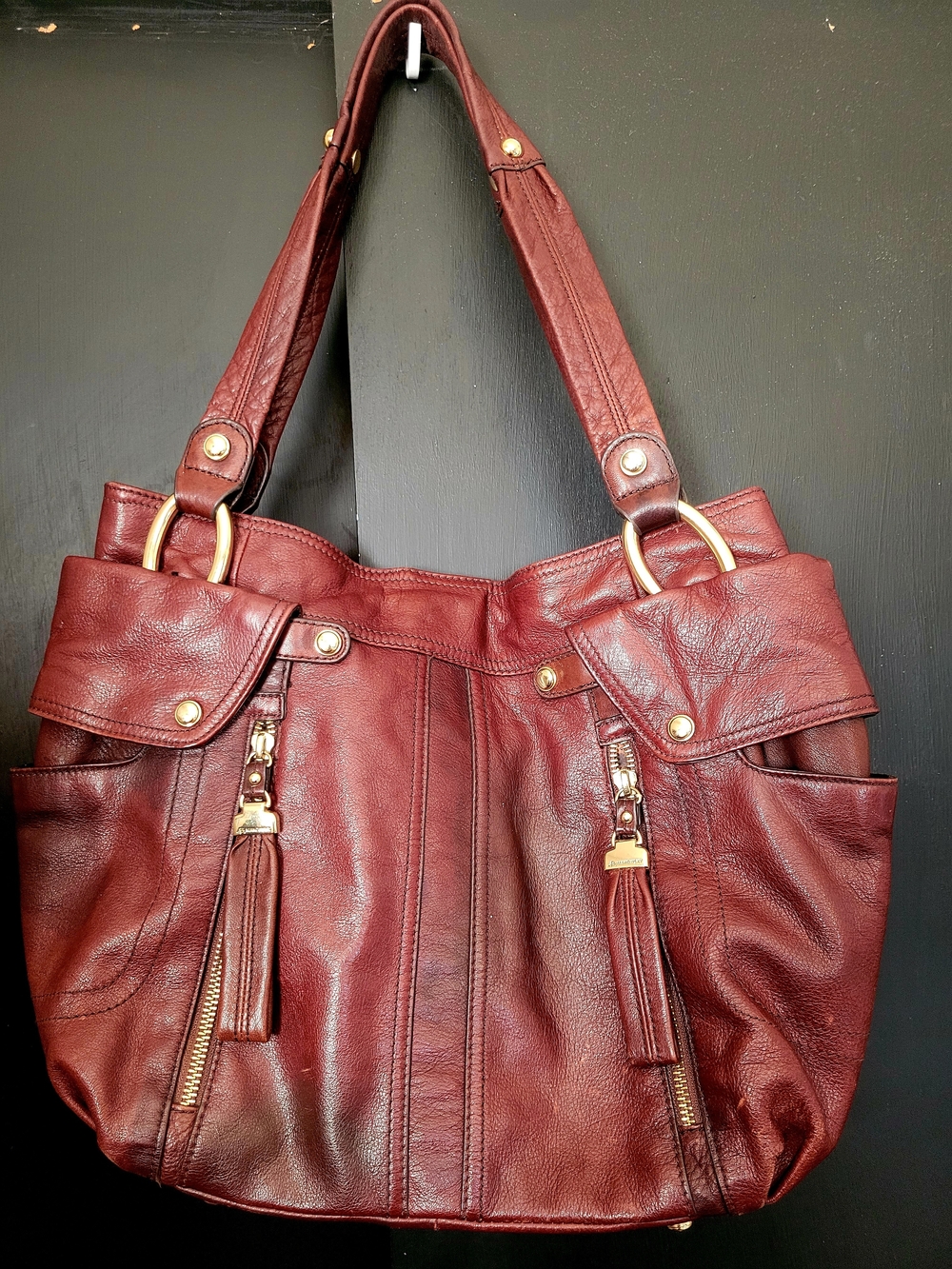 B. Makowsky Burgundy Genuine Leather Y2K Shoulder Tote with Gold Hardware
